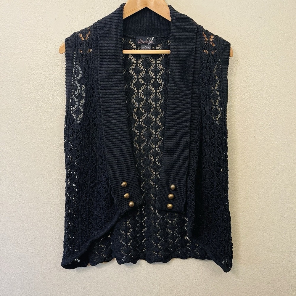 Open Knit Crochet Vest Open Front Brass Accents Dark Boho Cottage Whimsygoth XL